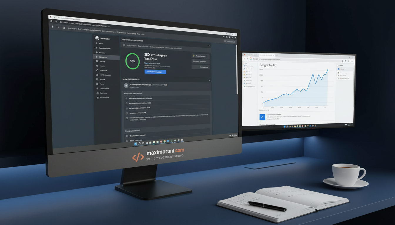 WordPress адмін-панель з Rank Math SEO і Google Search Console на двох моніторах