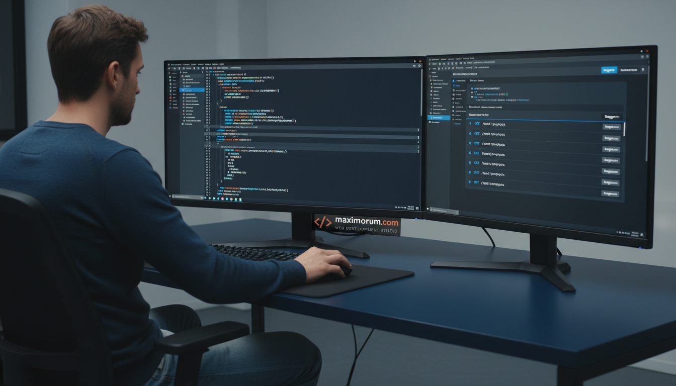 Laravel REST API development — developer at desk with code editor showing route definitions and Swagger API documentation