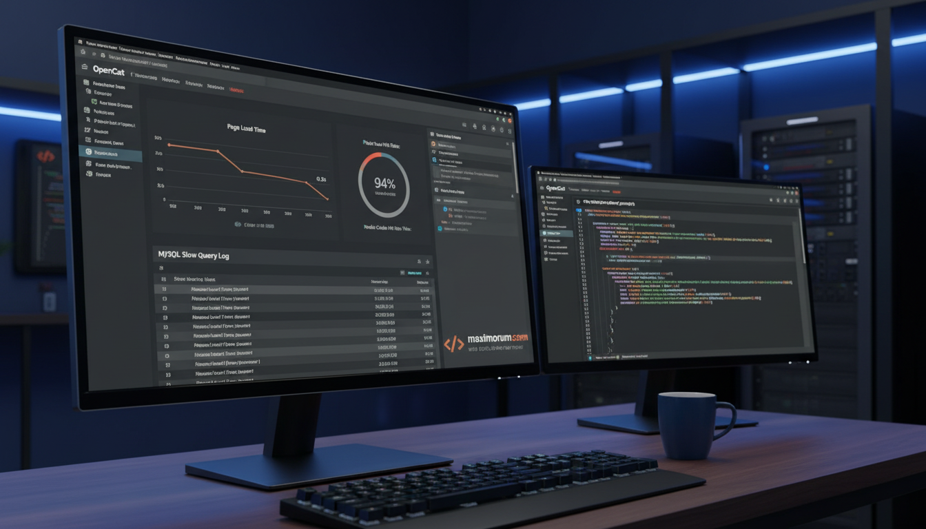 OpenCart admin dashboard showing performance metrics — load time graph dropping from 4.2s to 0.9s, Redis cache hit rate at 94%