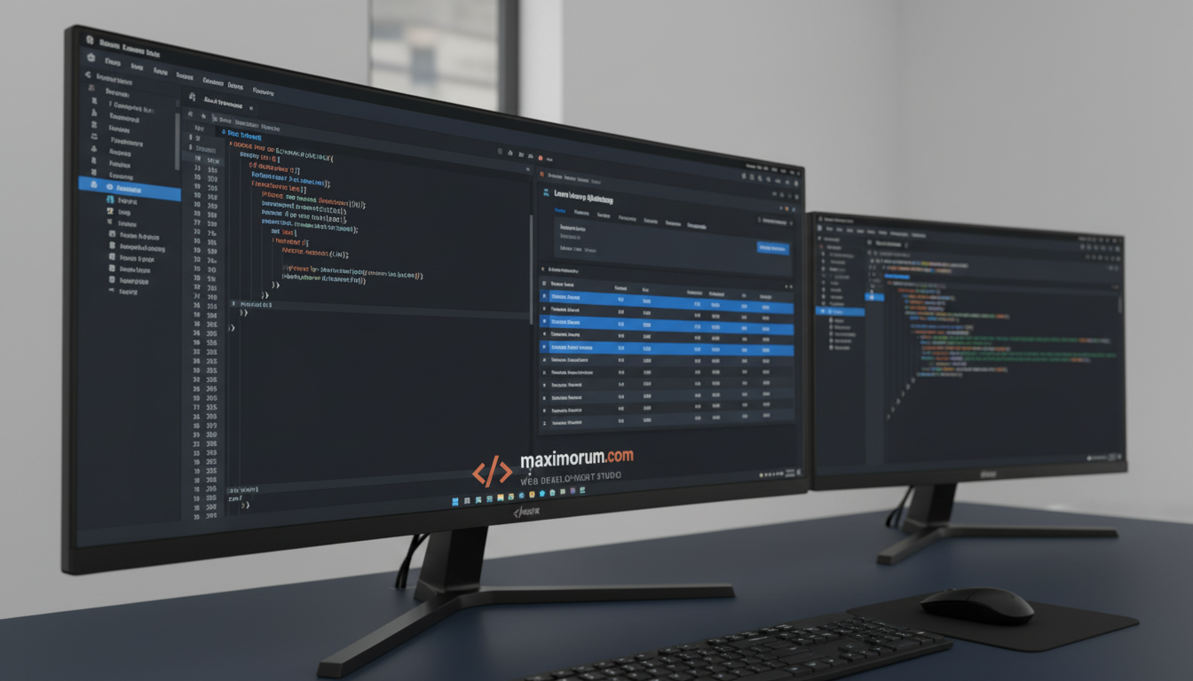 Laravel Livewire admin dashboard on a dual-monitor office workstation