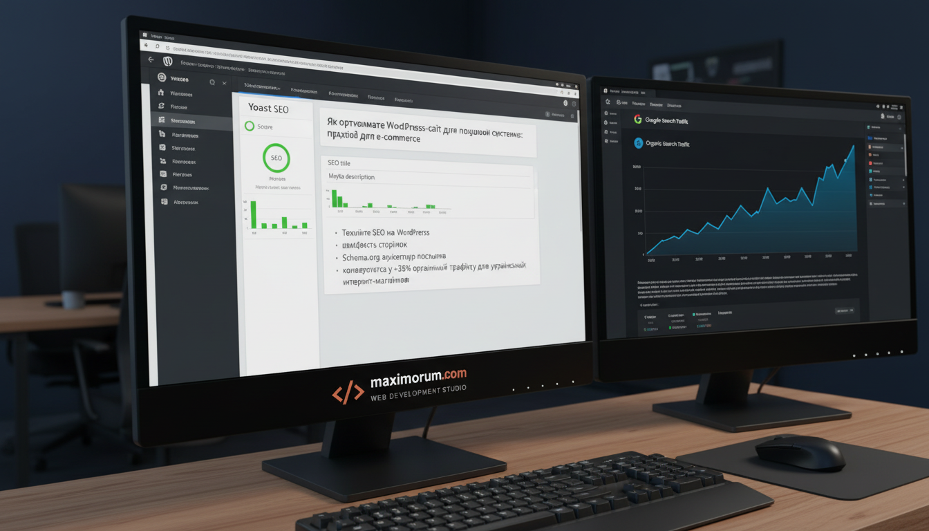 WordPress адмін-панель з Yoast SEO та аналітикою Google Search Console на моніторі розробника