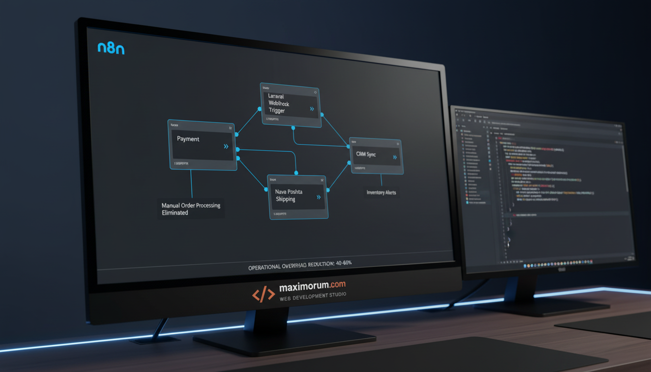 n8n workflow automation canvas on a monitor in a technical office, showing Laravel webhook nodes connected to payment and delivery services