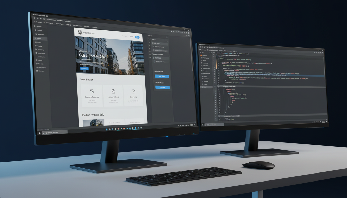 WordPress Gutenberg block editor з кастомними корпоративними блоками на моніторі
