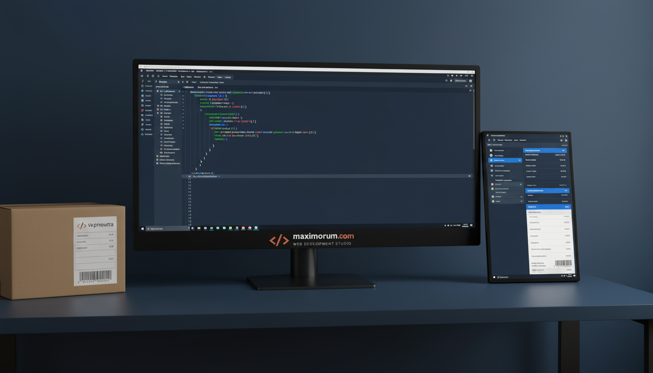 Laravel-розробник інтегрує Ukrposhta API — редактор коду з POST-запитом до поштового сервісу та дашборд трекінгу посилок