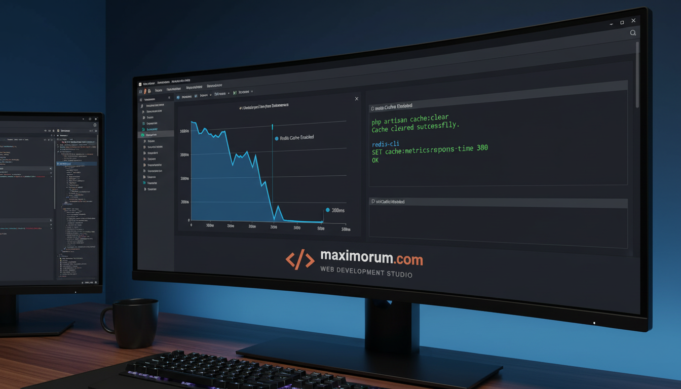 Laravel Redis performance dashboard showing response time drop from 1800ms to 380ms
