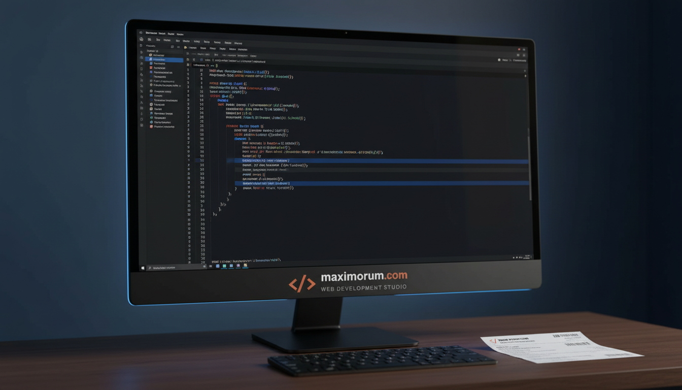 Laravel developer workspace with Nova Poshta API integration code on screen and a printed shipping waybill on the desk