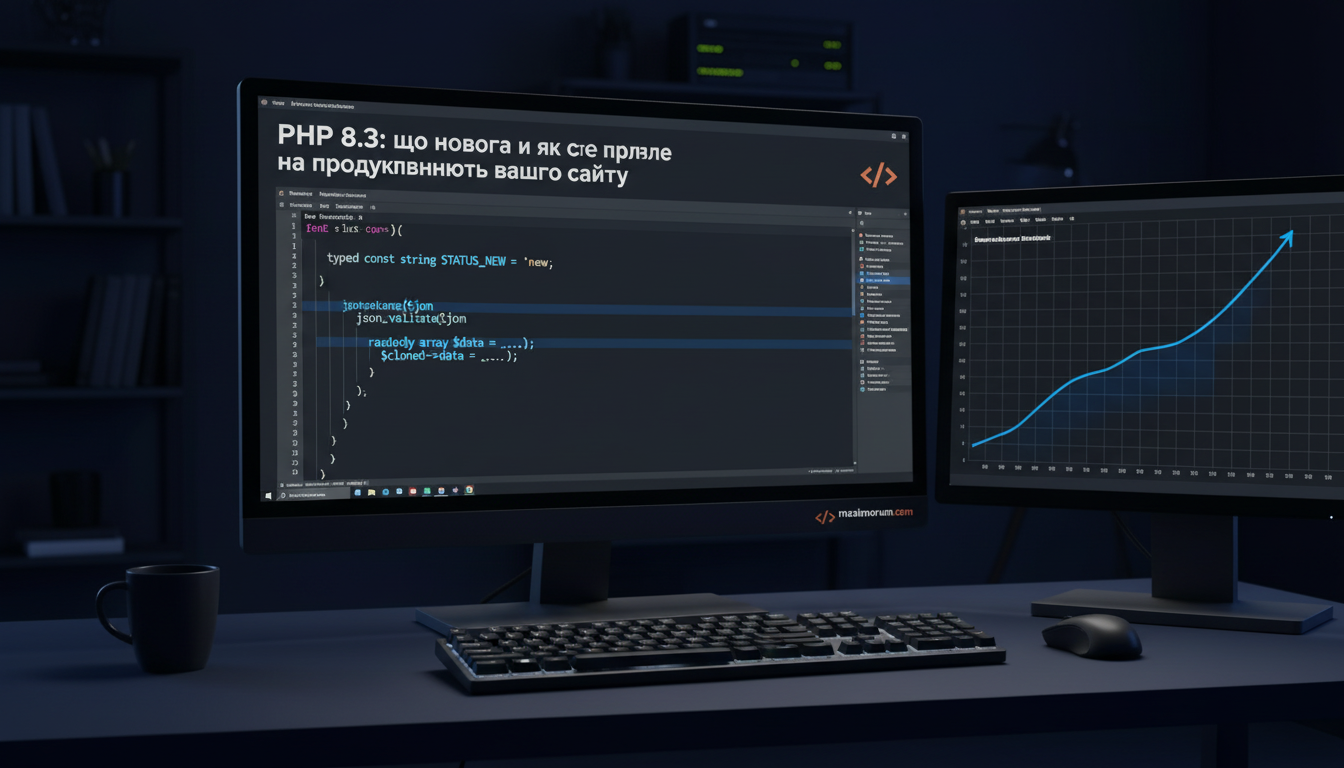 Розробник переглядає PHP 8.3 код у редакторі на темному моніторі