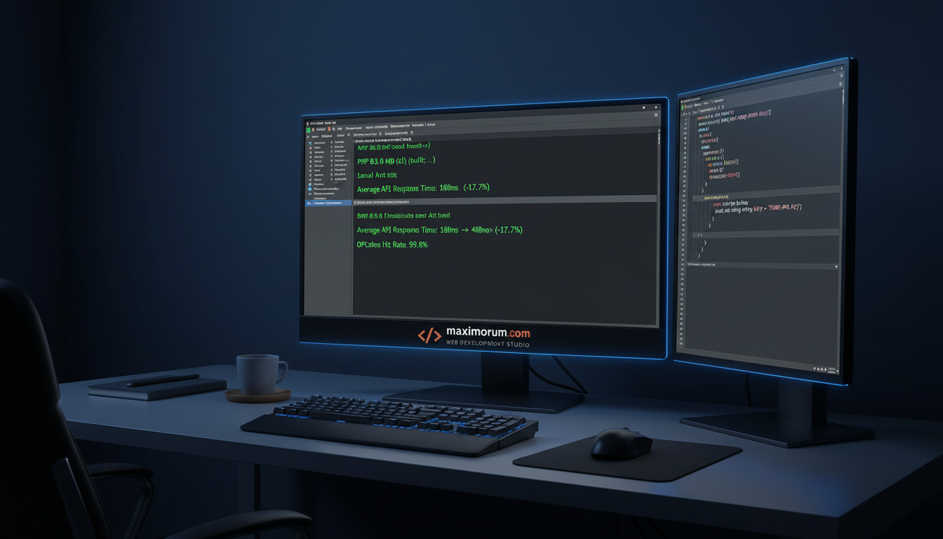 Laravel developer workstation showing PHP 8.3 performance benchmark results on monitor