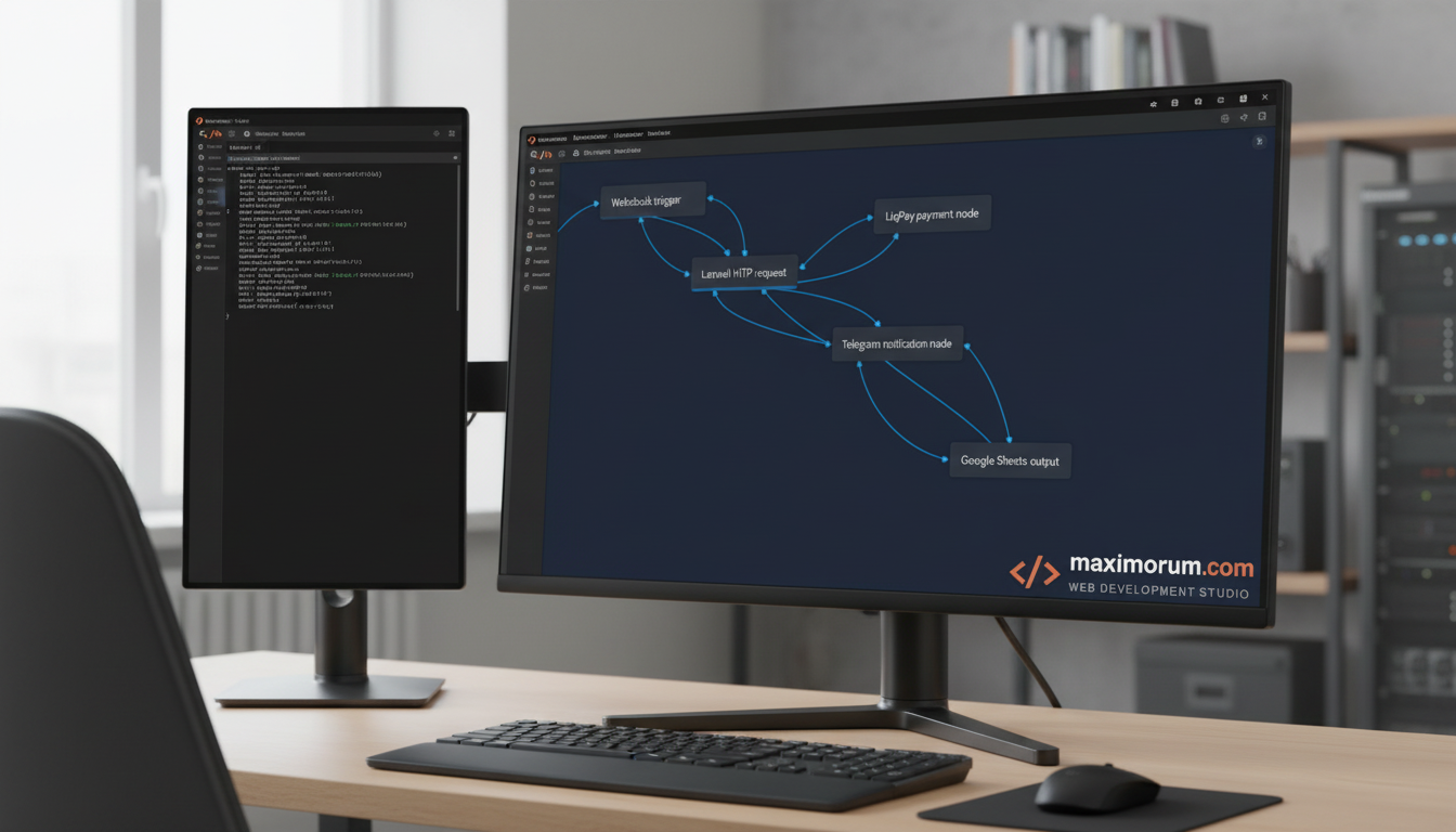 n8n workflow canvas з підключеними вузлами Laravel, LiqPay, Nova Poshta і Telegram