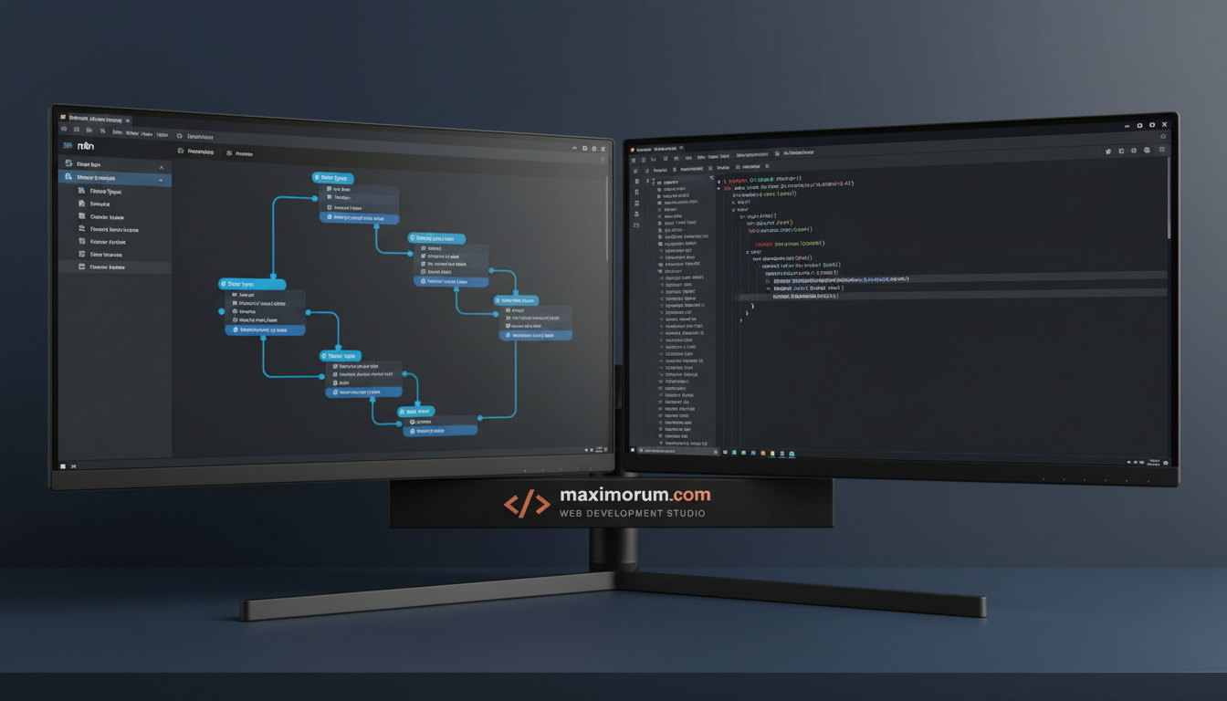 Developer workstation showing n8n workflow canvas and Laravel code editor