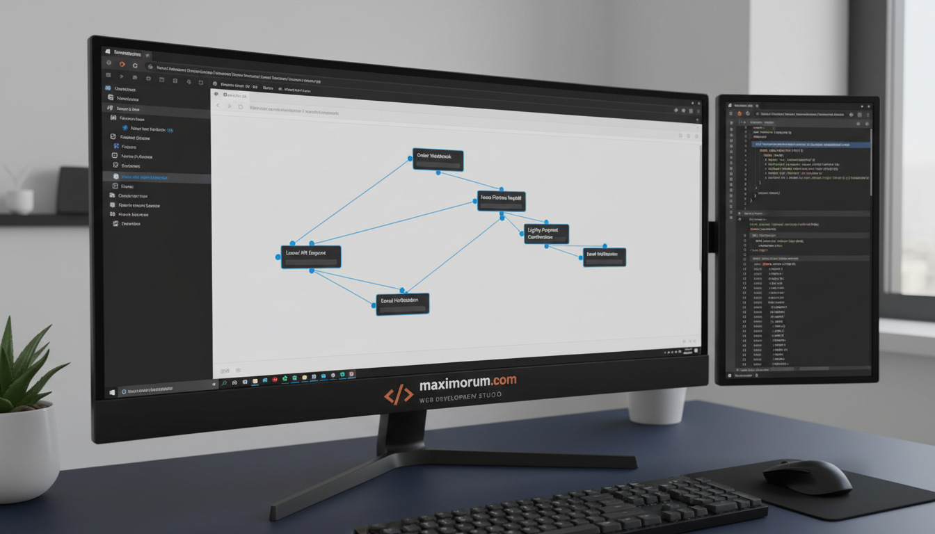 n8n and Laravel automation workflow on a monitor in a professional office