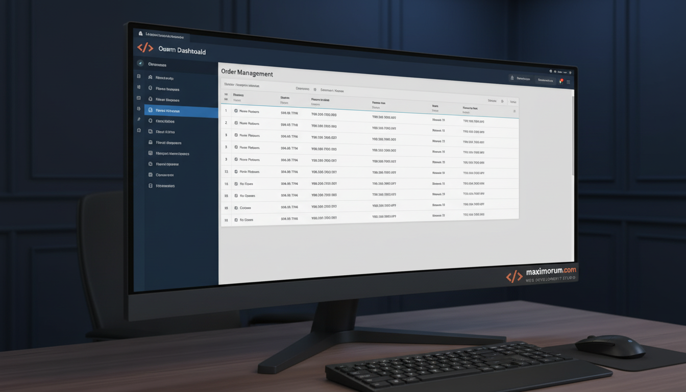 Custom Laravel admin dashboard on an ultrawide monitor in a modern office