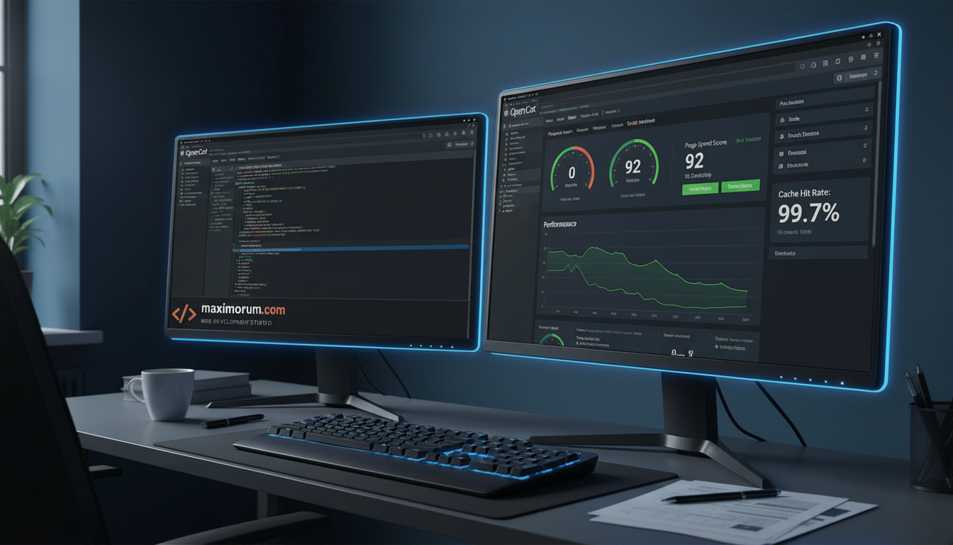 OpenCart performance dashboard showing load time improvements and cache metrics