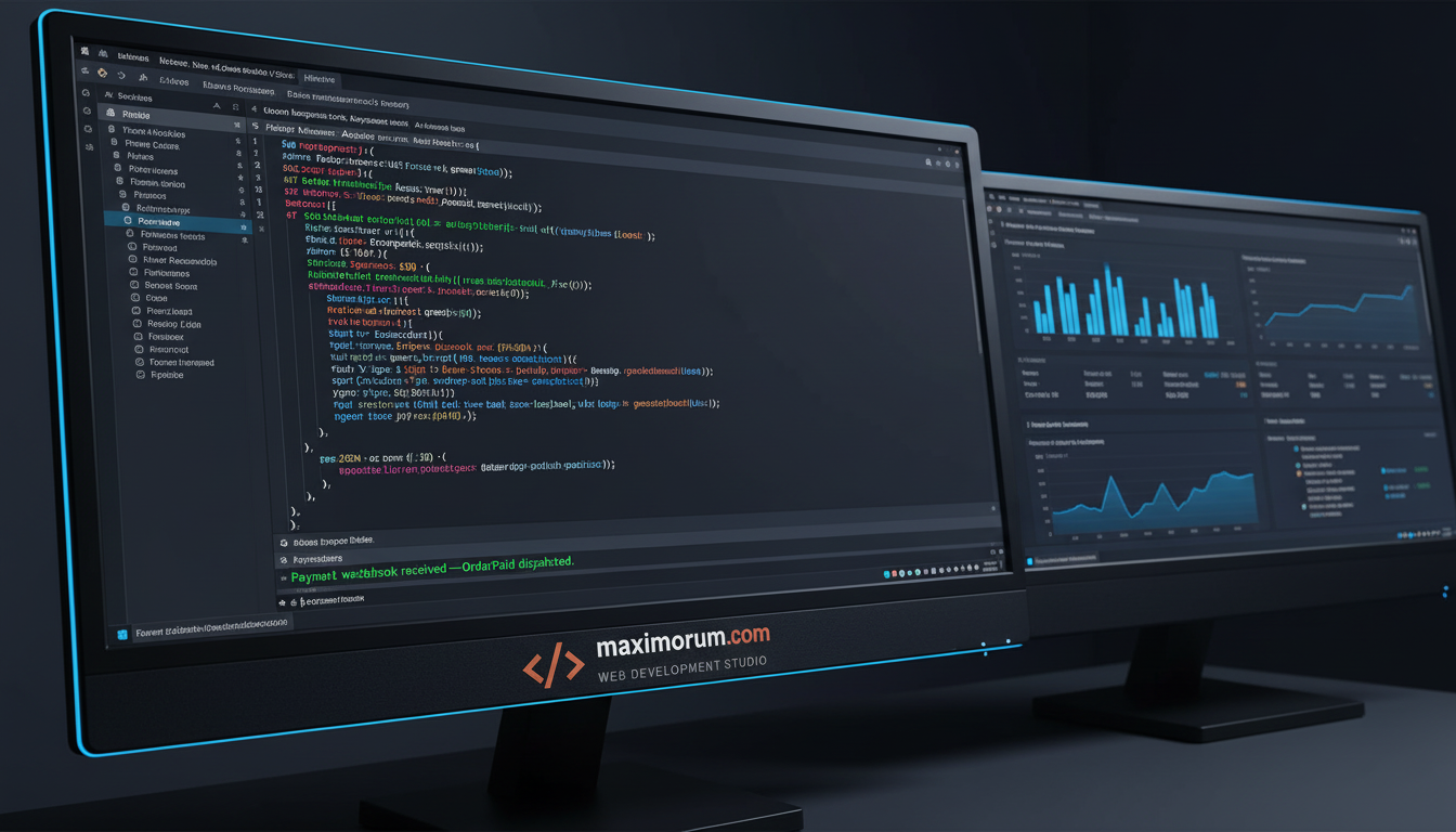 Laravel developer workspace showing Monobank API webhook integration code
