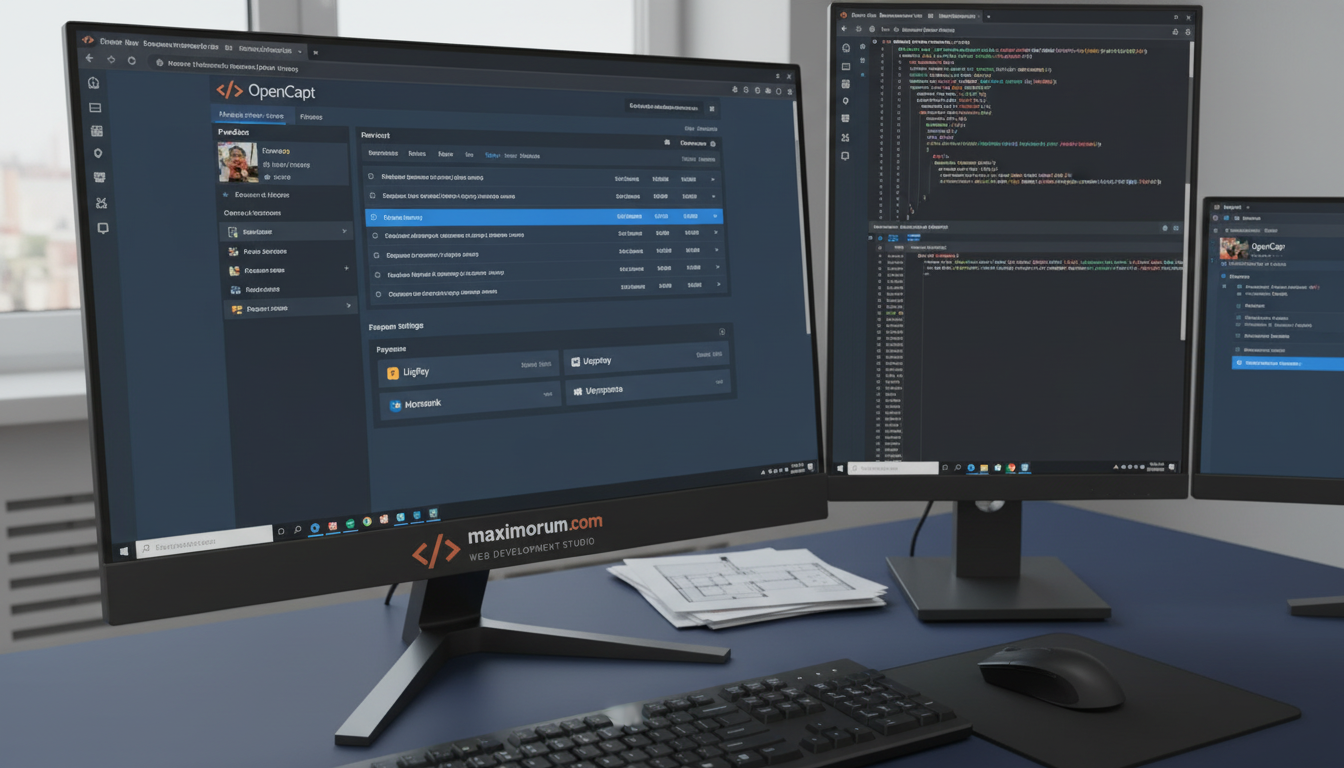 OpenCart адмін-панель з інтеграціями LiqPay, Nova Poshta та Ukrposhta на моніторі в офісі