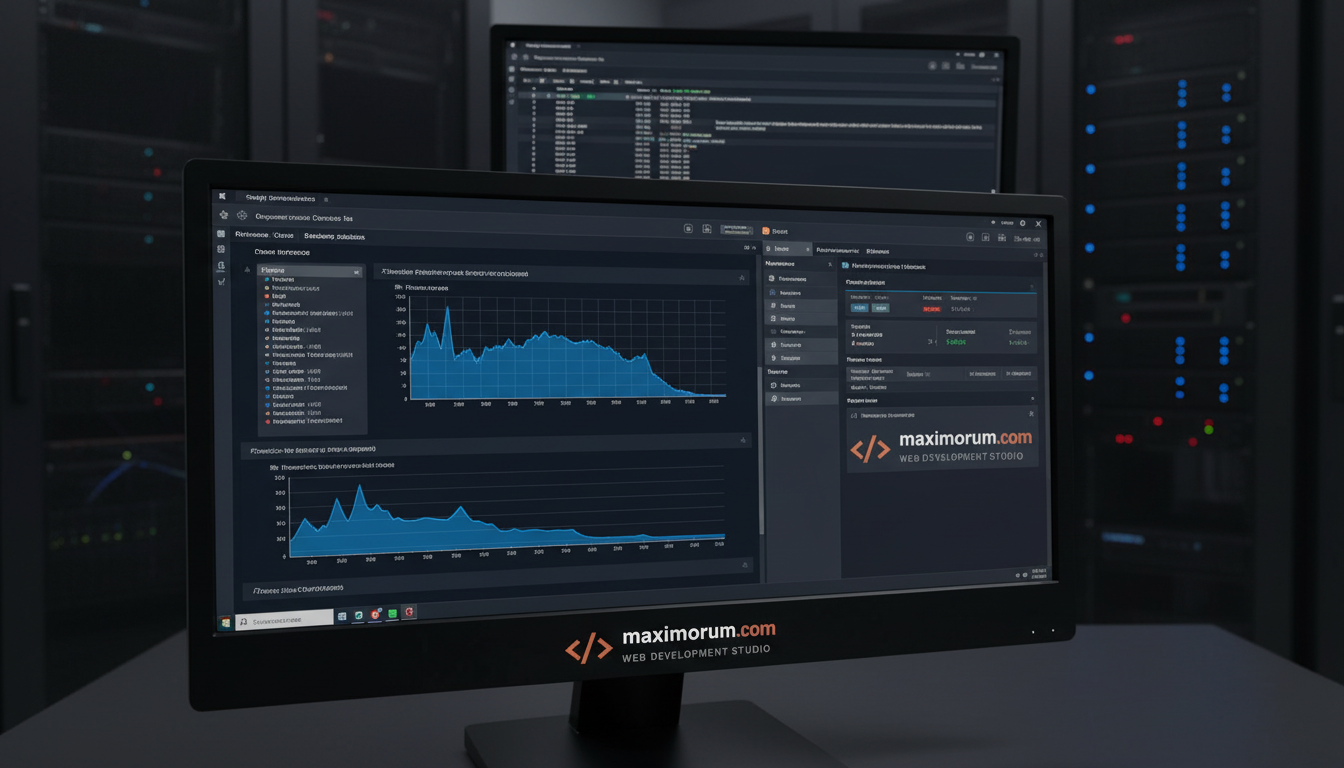 Redis performance dashboard та OpenCart адмін-панель з метриками часу завантаження на темному технічному моніторі