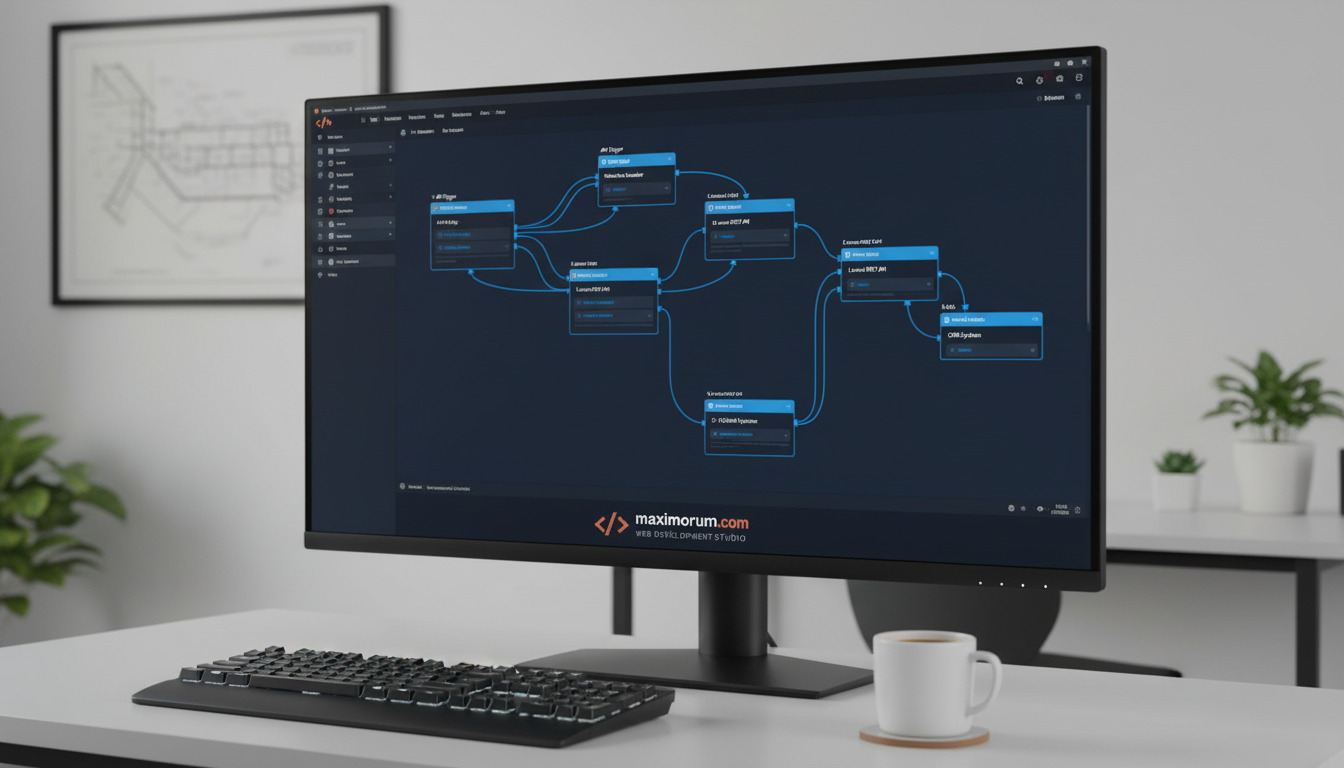 n8n workflow canvas displayed on a monitor in a professional technical office