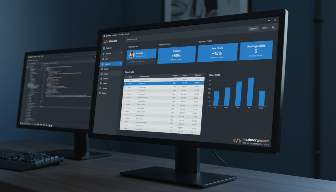 Laravel Filament admin panel dashboard on monitor — MaxiMoruM web studio
