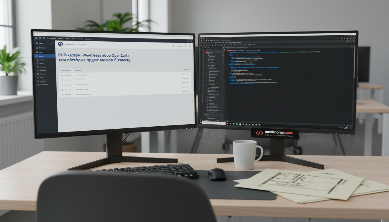 Два монітори з WordPress і Laravel на робочому столі розробника — MaxiMoruM