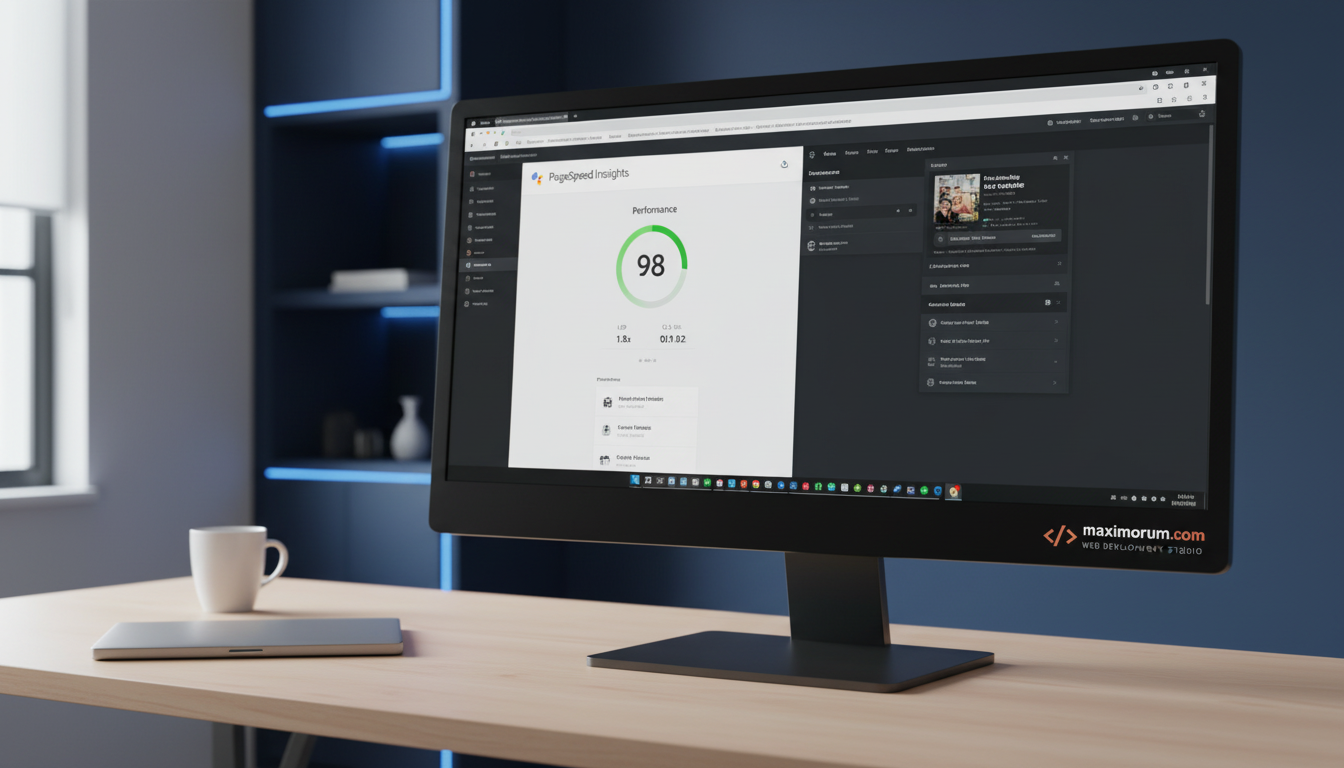 WordPress Core Web Vitals — Google PageSpeed Insights дашборд із зеленим балом 98 і показниками LCP та CLS