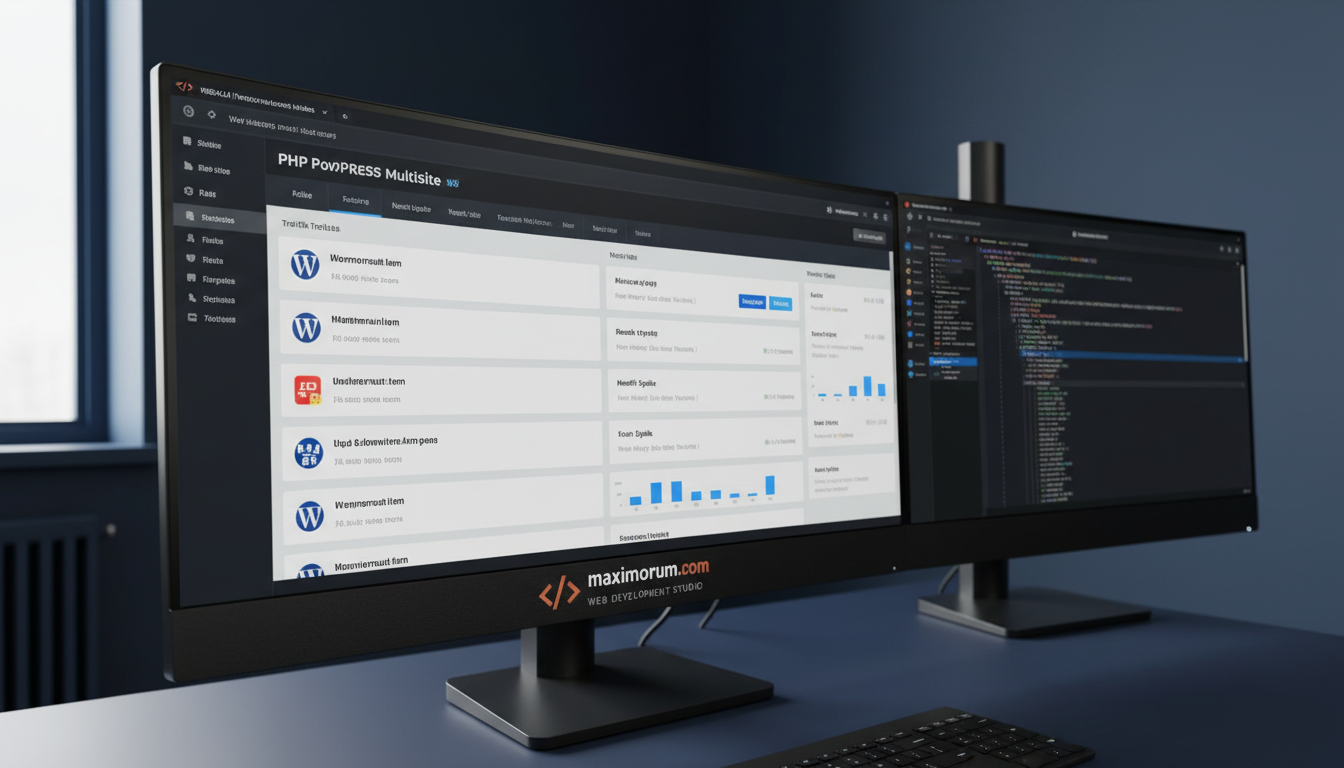 WordPress Multisite network admin dashboard on an ultrawide monitor in a professional office
