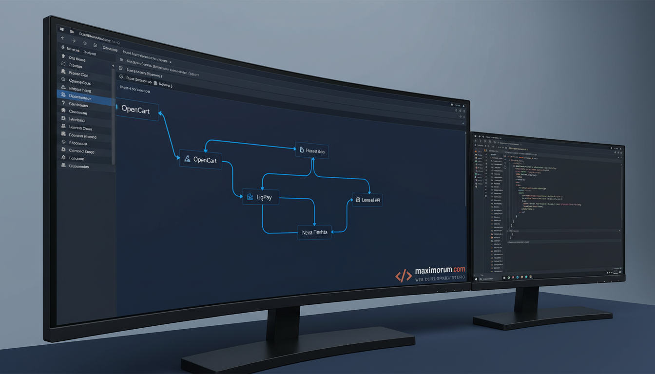 n8n workflow automation canvas with Laravel API nodes on an ultrawide monitor in a technical office