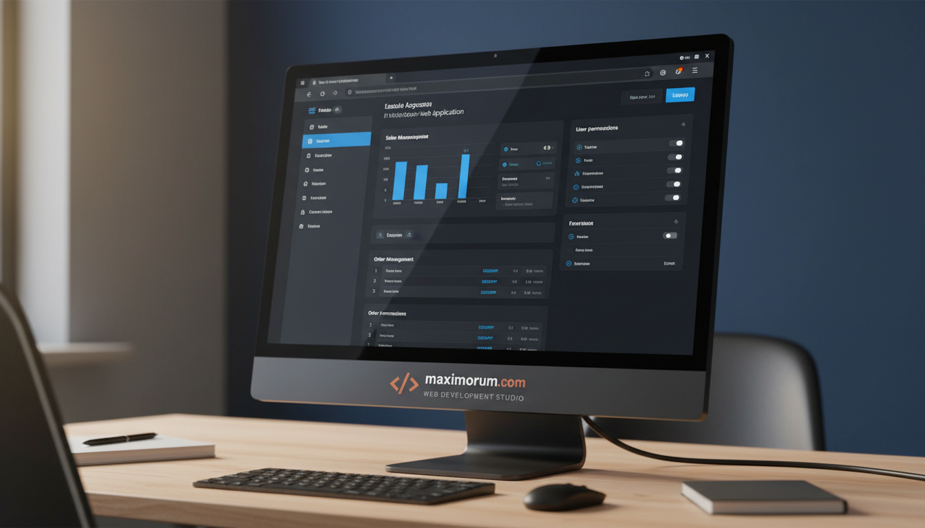 Корпоративний дашборд на Laravel — рольовий доступ, графіки продажів і управління замовленнями на моніторі в сучасному офісі