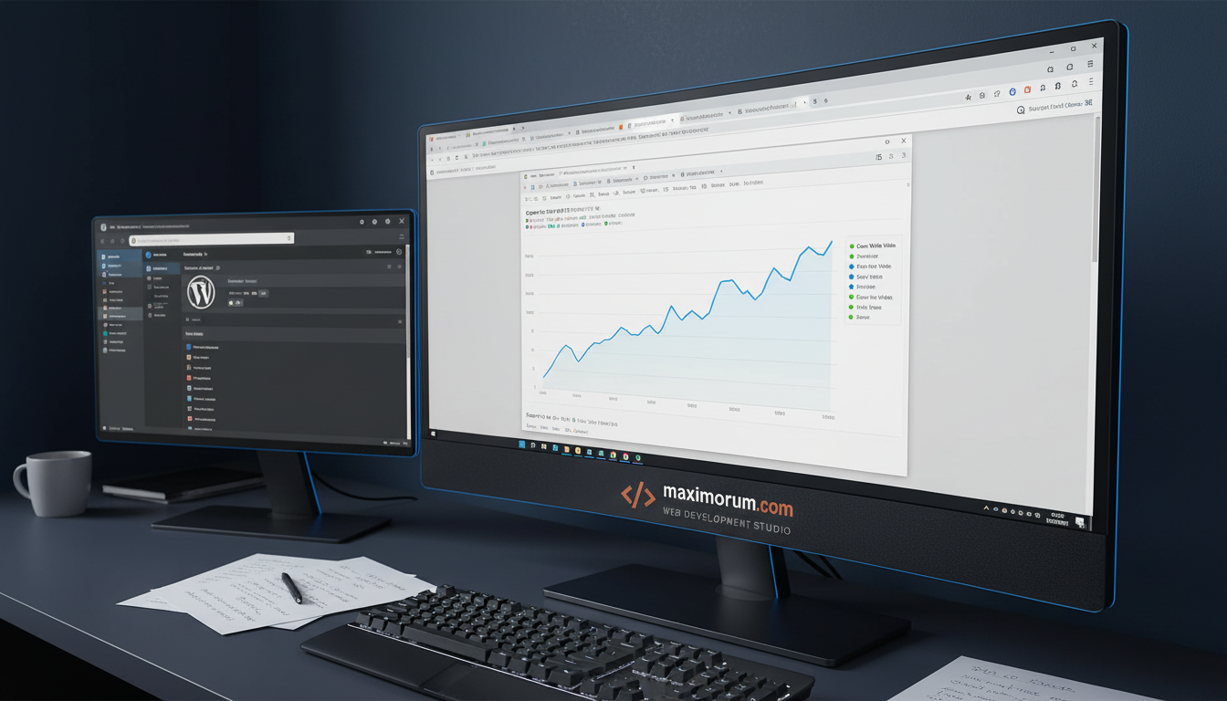 Google Search Console з графіком зростання органічного трафіку та Core Web Vitals у технічному офісі