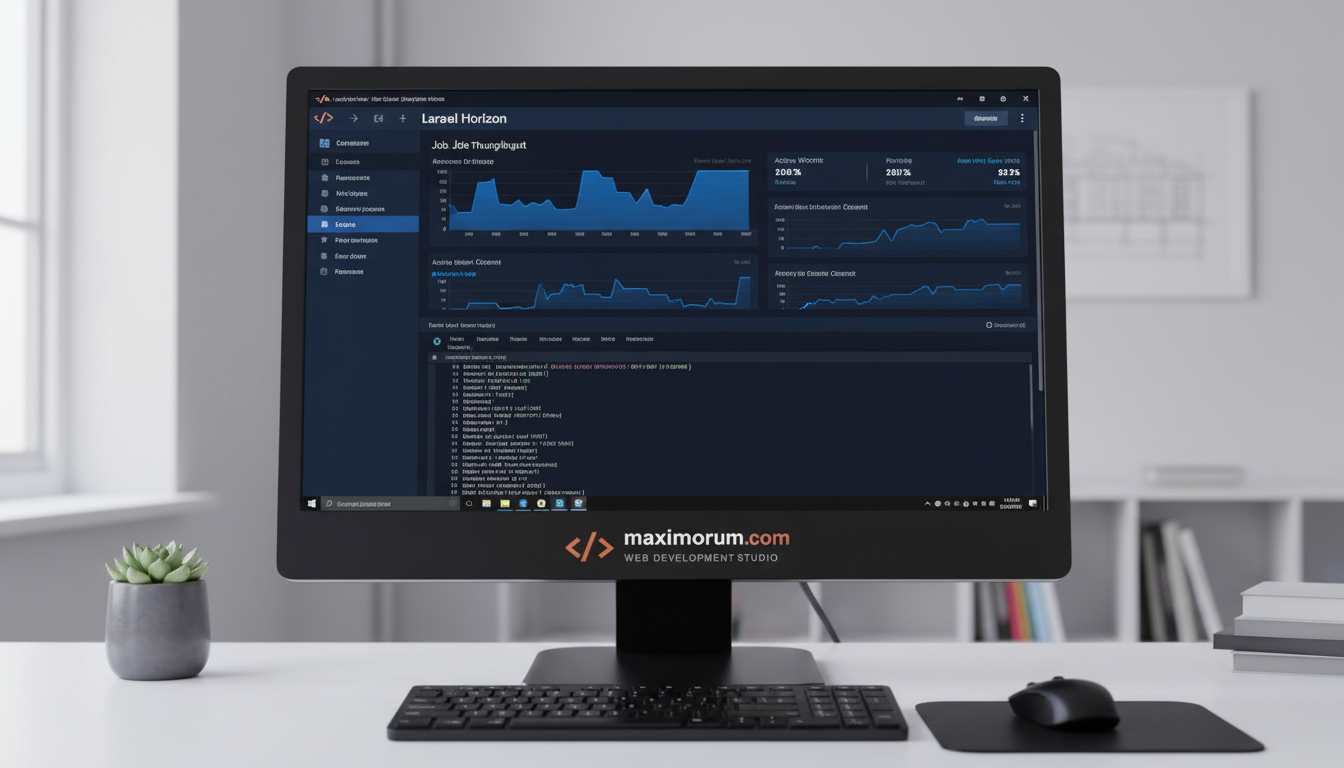 Laravel Horizon dashboard showing queue throughput and active workers in a modern development office