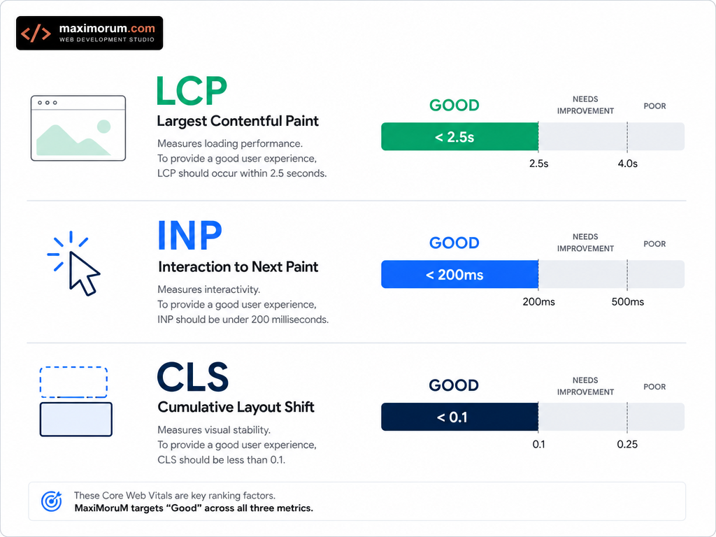 Diagram of the three Core Web Vitals metrics — LCP under 2.5s, INP under 200ms, CLS under 0.1 — and their good thresholds