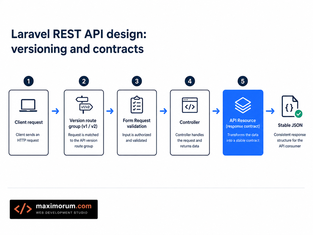 Flow diagram: client request through a versioned Laravel route group, Form Request validation, controller, and API Resource contract to a stable JSON response